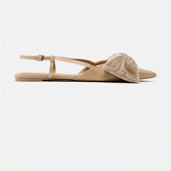 Zara Patent Pointed toe Flat Slingback Shoes Velvet Bow Tan 6.5 37 NWT - Picture 6 of 15